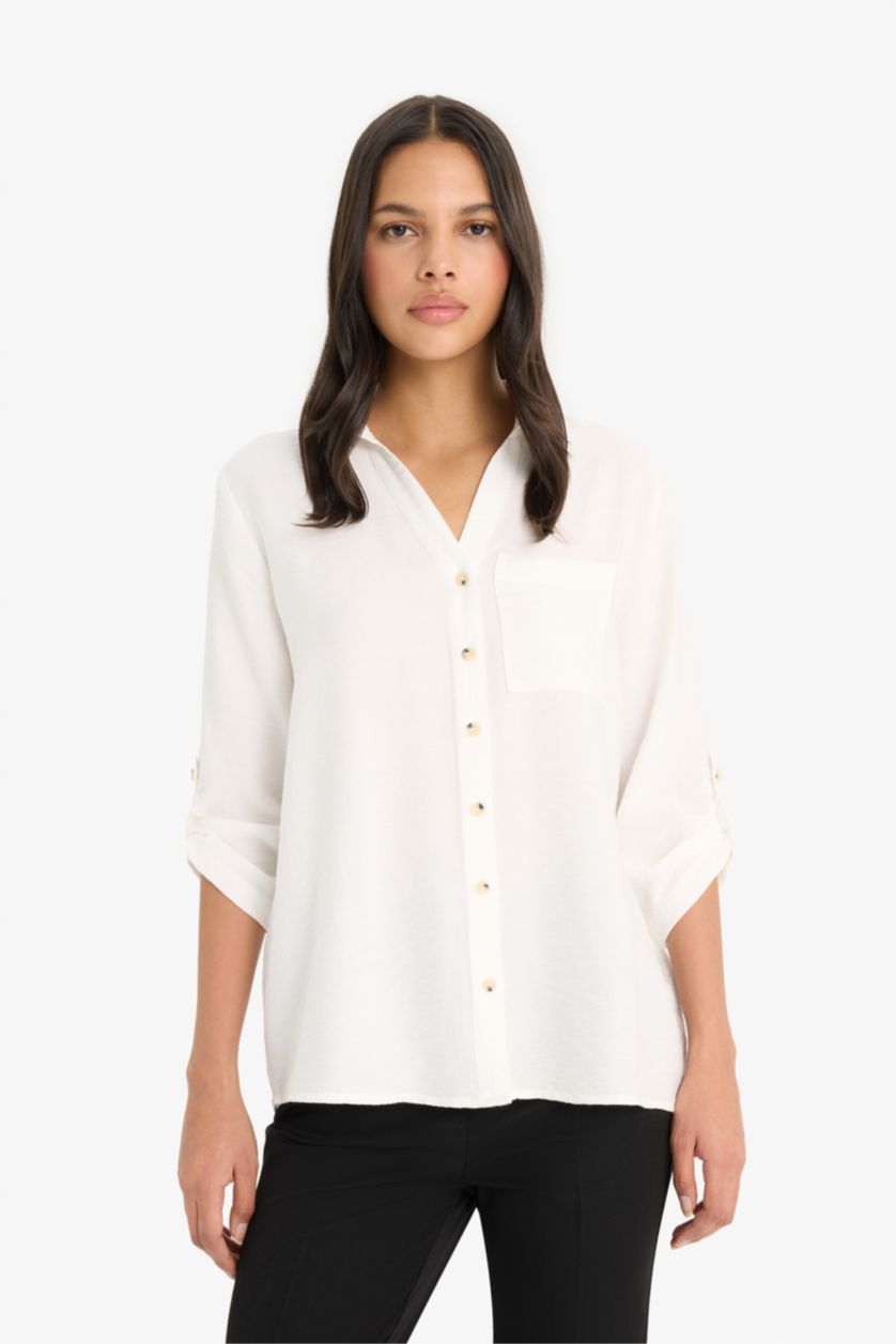 نساء أبيض Regular Fit Shirt Collar Long Sleeve Shirt
