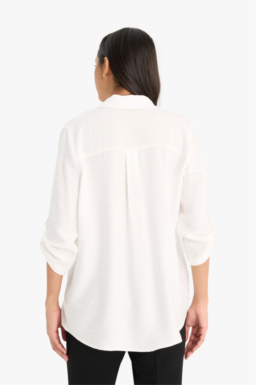 نساء أبيض Regular Fit Shirt Collar Long Sleeve Shirt