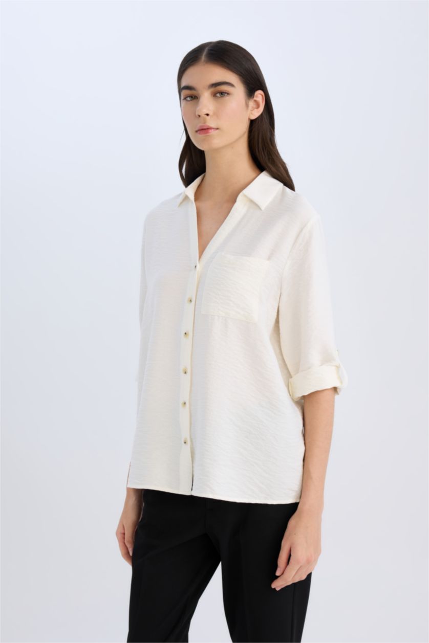 Kadın Ekru Regular Fit Basic Düz Uzun Kollu Gömlek