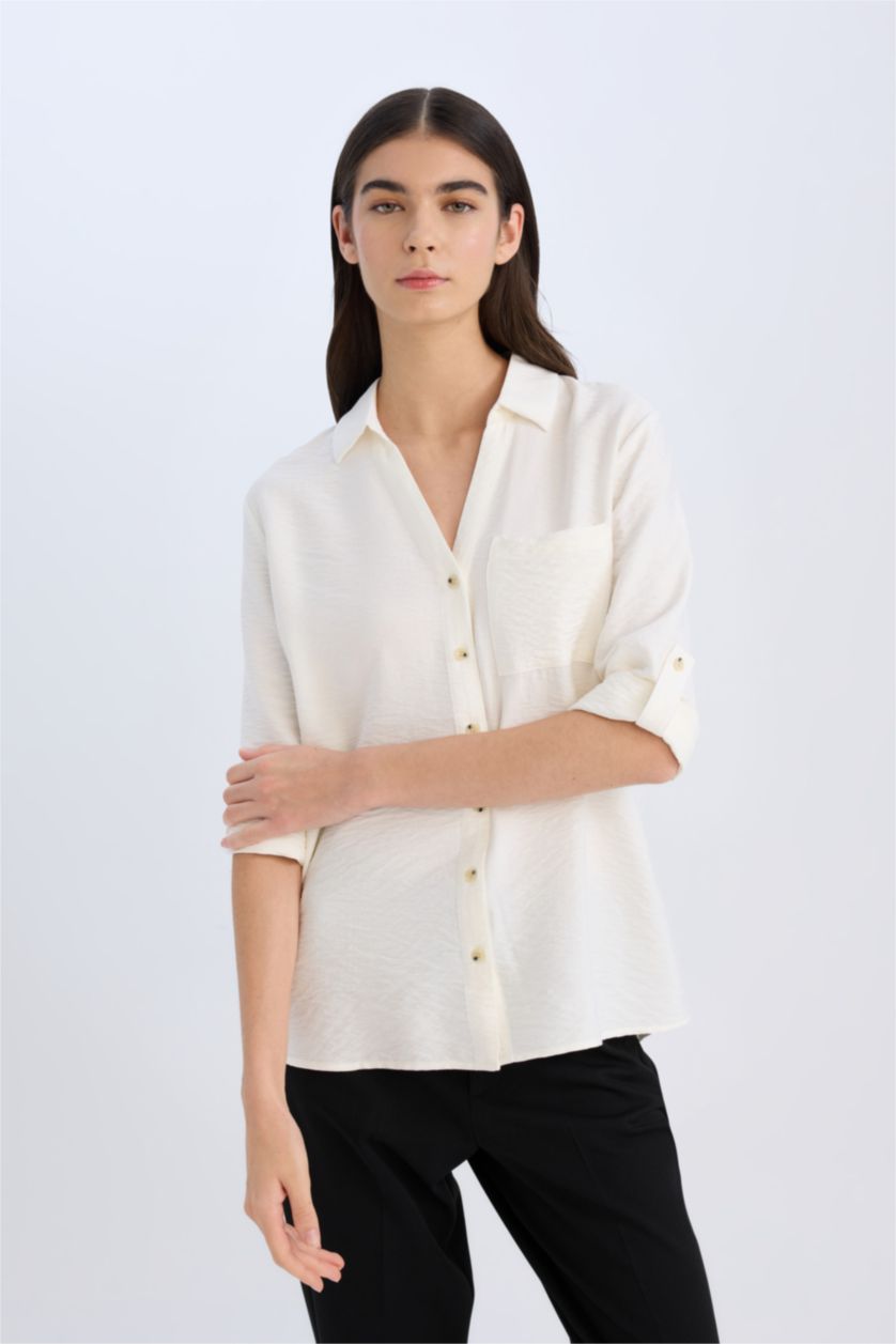 Kadın Ekru Regular Fit Basic Düz Uzun Kollu Gömlek