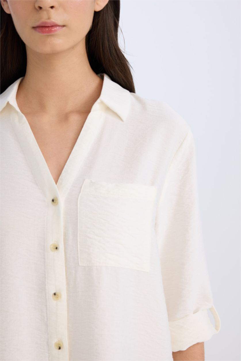 Kadın Ekru Regular Fit Basic Düz Uzun Kollu Gömlek