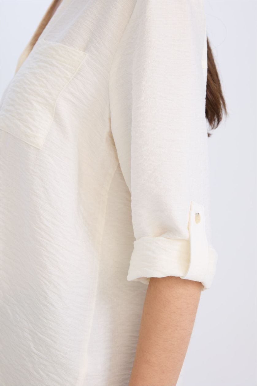 Kadın Ekru Regular Fit Basic Düz Uzun Kollu Gömlek