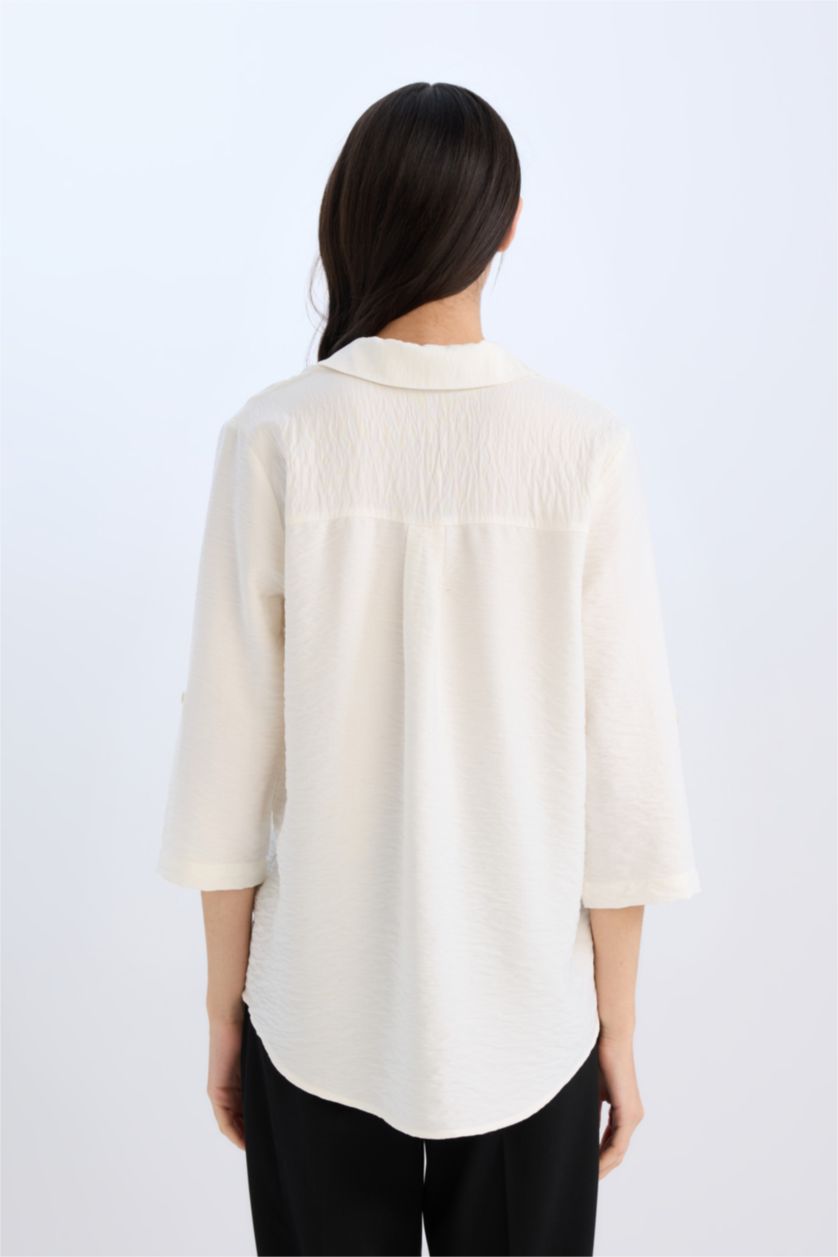 Kadın Ekru Regular Fit Basic Düz Uzun Kollu Gömlek