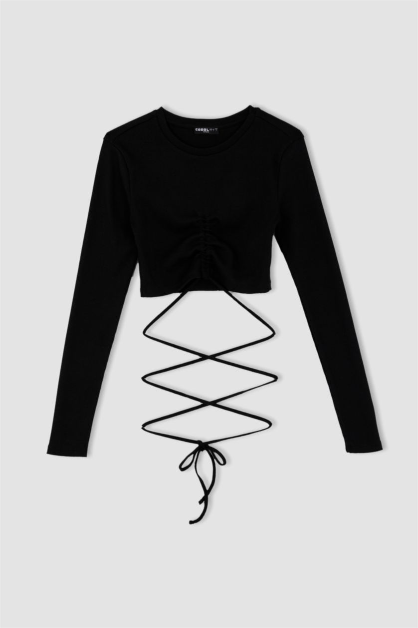 نساء أسود تي شيرت سليم فيت بيزك مفصل من الخلف