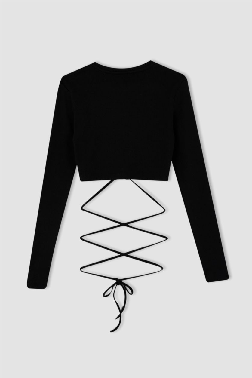 نساء أسود تي شيرت سليم فيت بيزك مفصل من الخلف