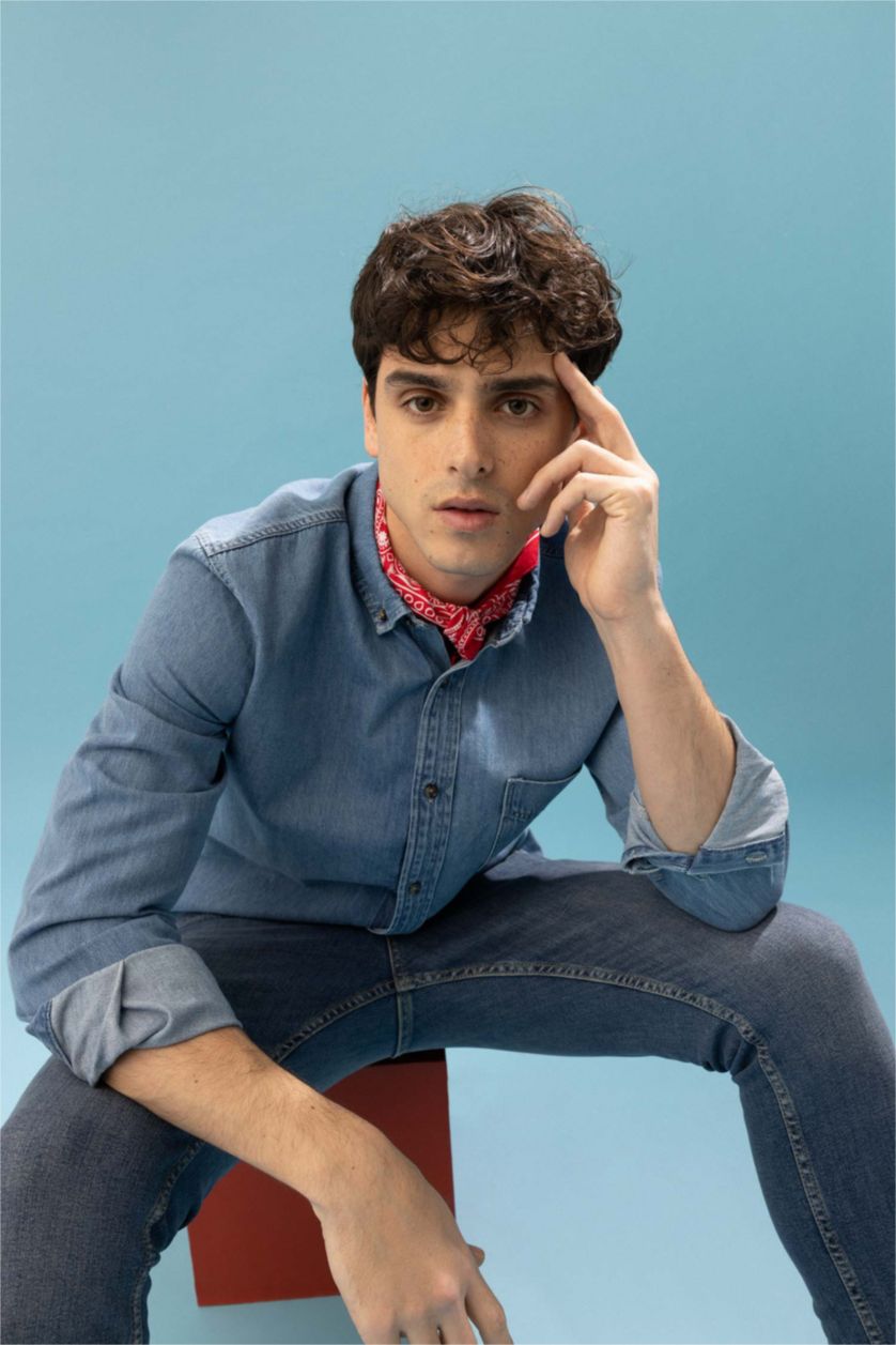 MAN Blue Slim Fit Denim Long Sleeve Shirt