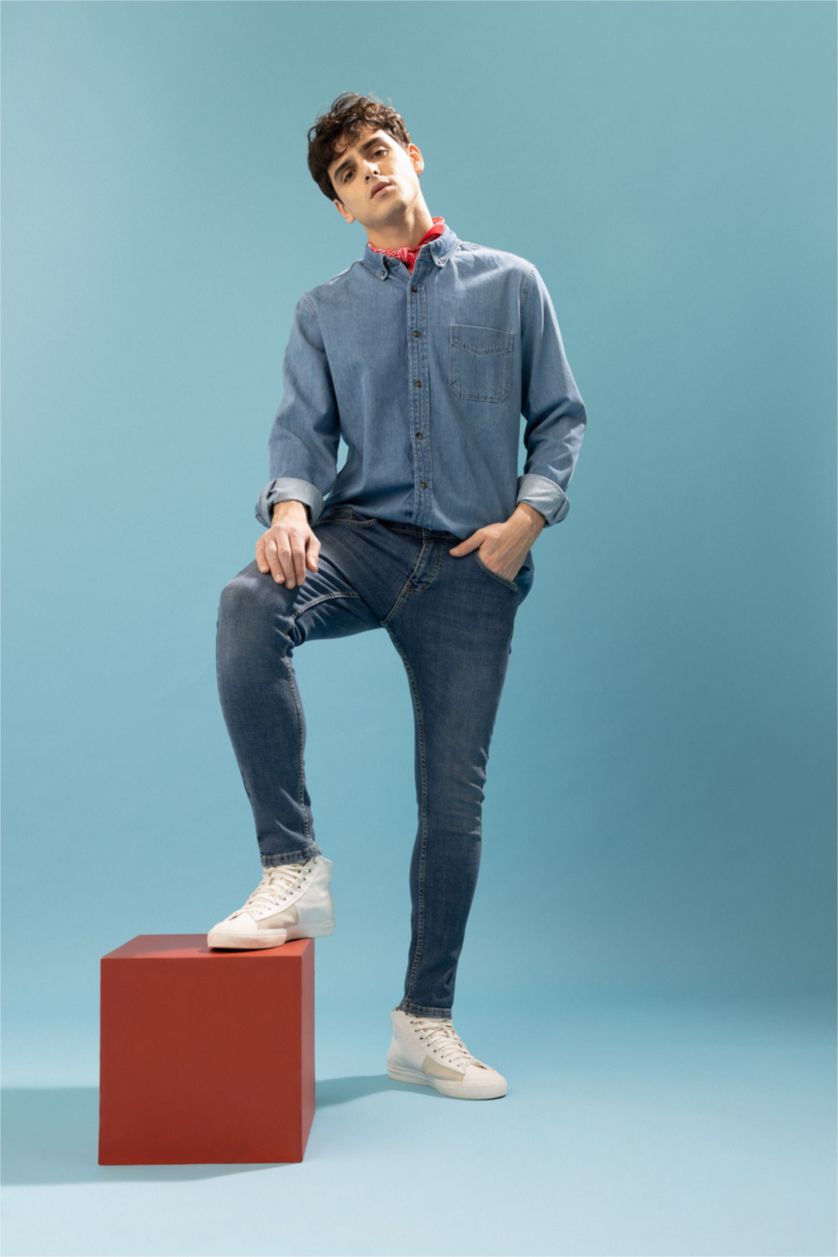 MAN Blue Slim Fit Denim Long Sleeve Shirt