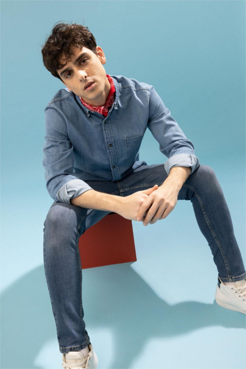 MAN Blue Slim Fit Denim Long Sleeve Shirt
