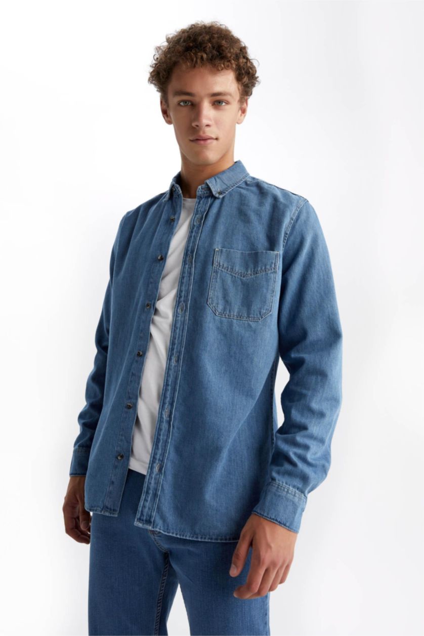 MAN Blue Slim Fit Denim Long Sleeve Shirt