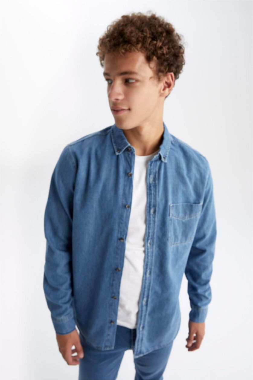 MAN Blue Slim Fit Denim Long Sleeve Shirt