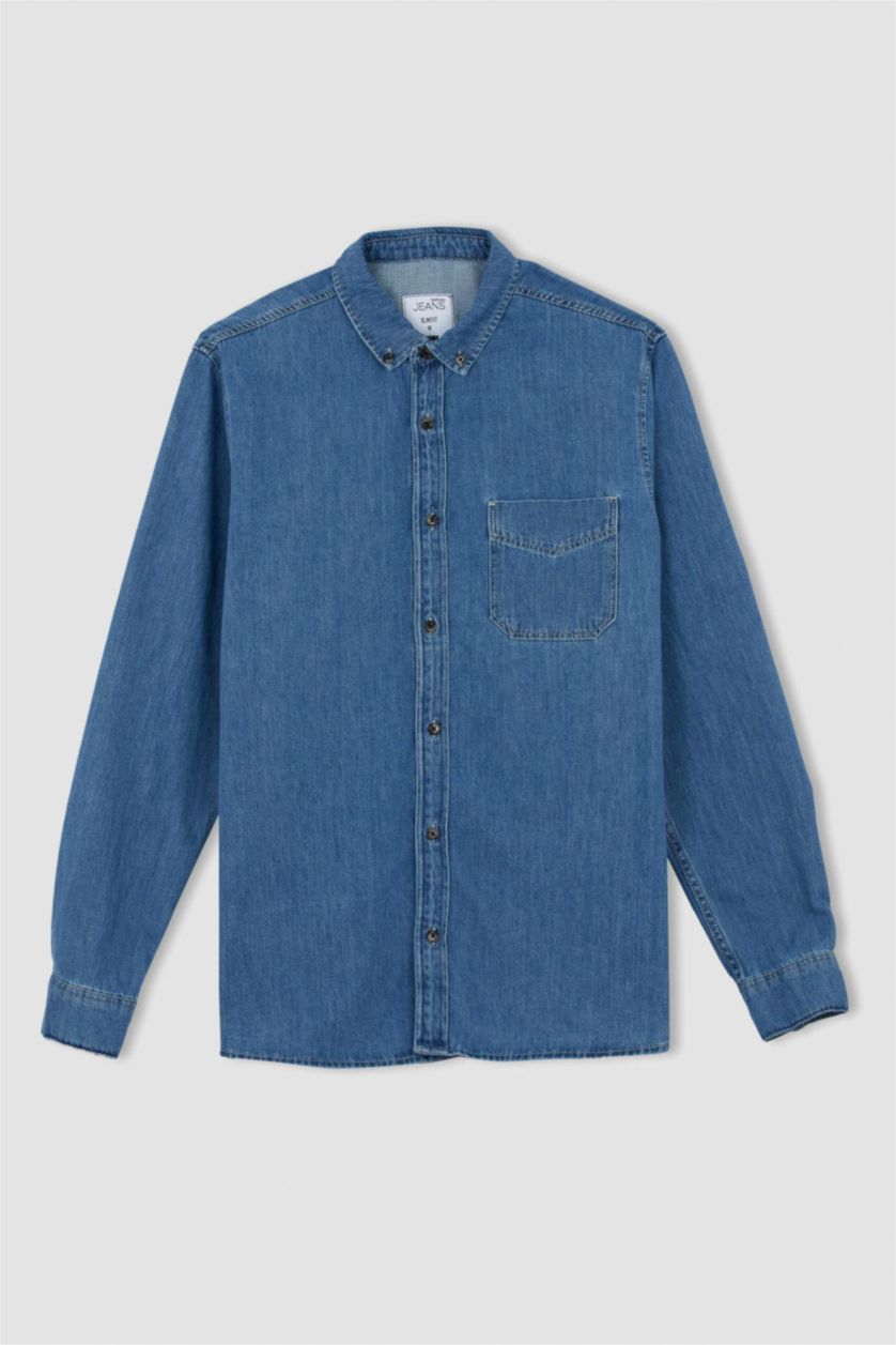 MAN Blue Slim Fit Denim Long Sleeve Shirt
