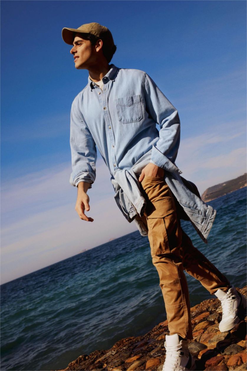 MAN Light Blue Slim Fit Jean Long Sleeve Shirt