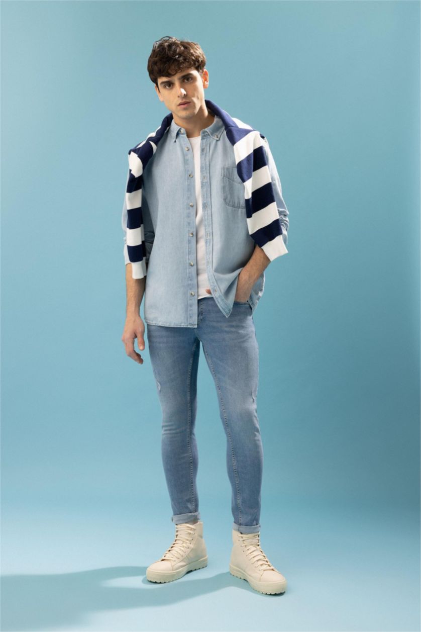 MAN Light Blue Slim Fit Jean Long Sleeve Shirt