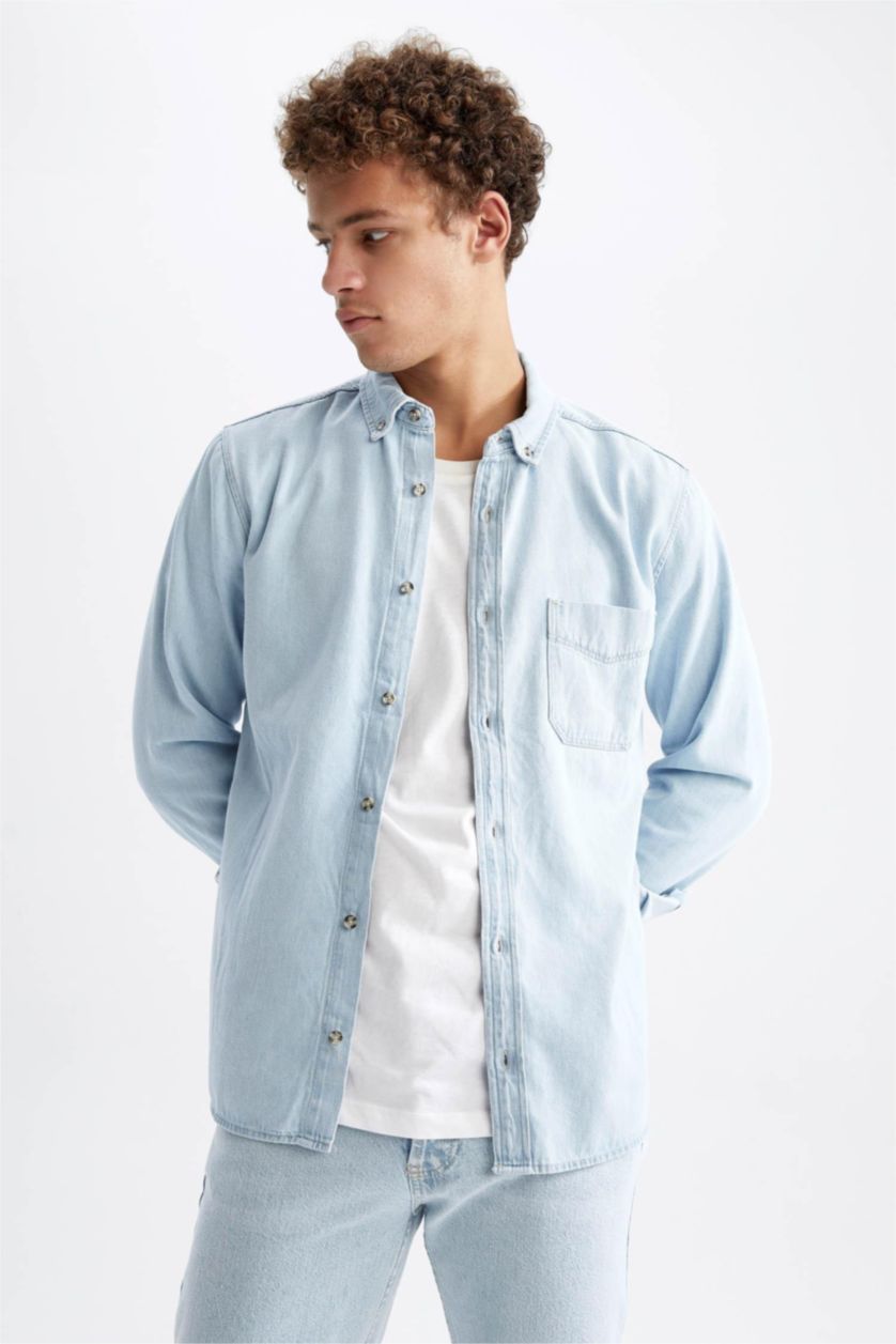 MAN Light Blue Slim Fit Jean Long Sleeve Shirt