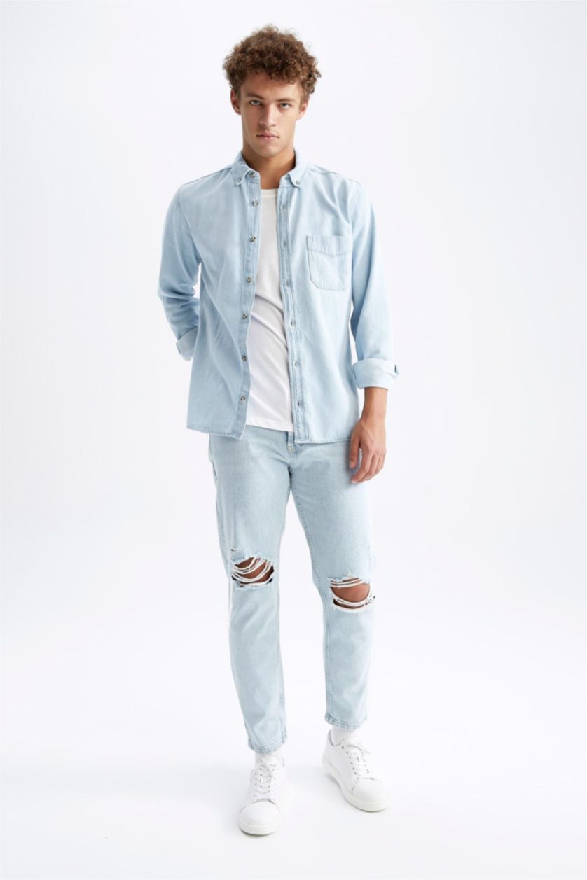 MAN Light Blue Slim Fit Jean Long Sleeve Shirt