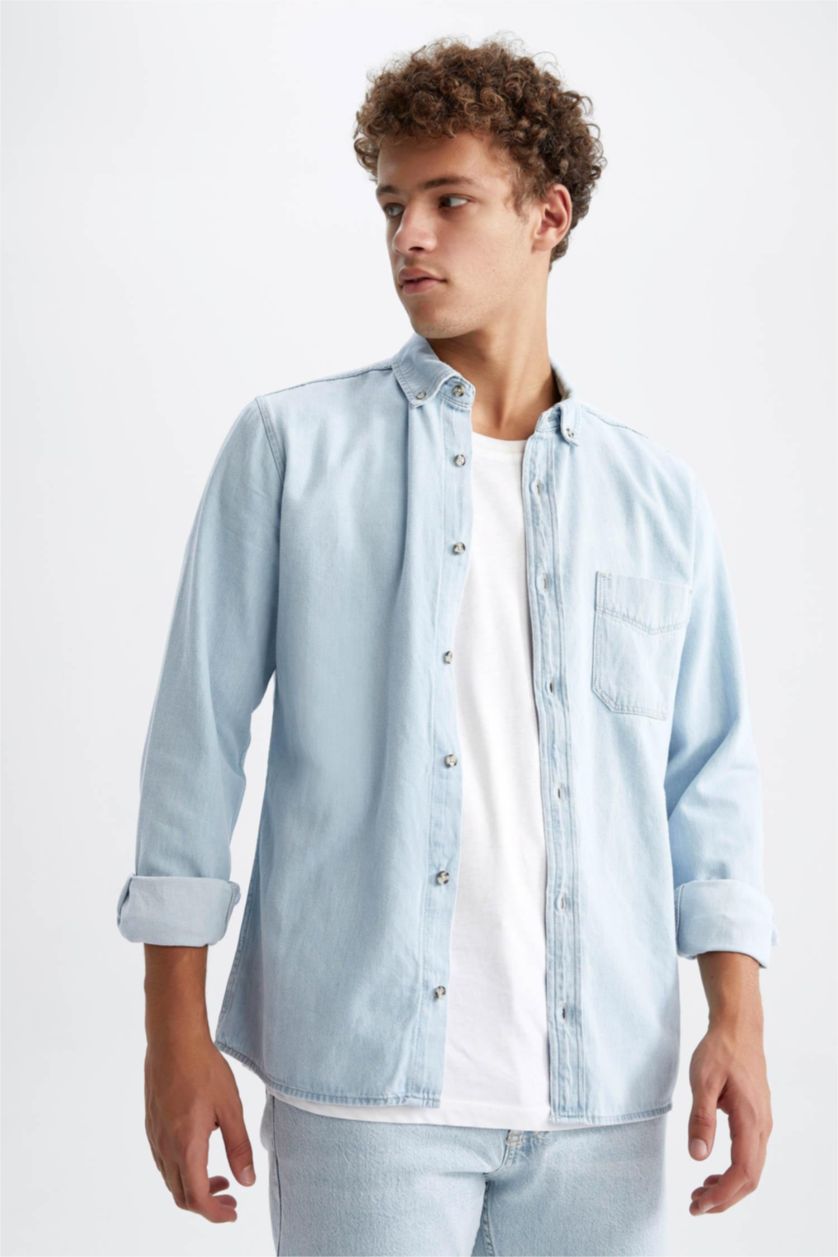 MAN Light Blue Slim Fit Jean Long Sleeve Shirt