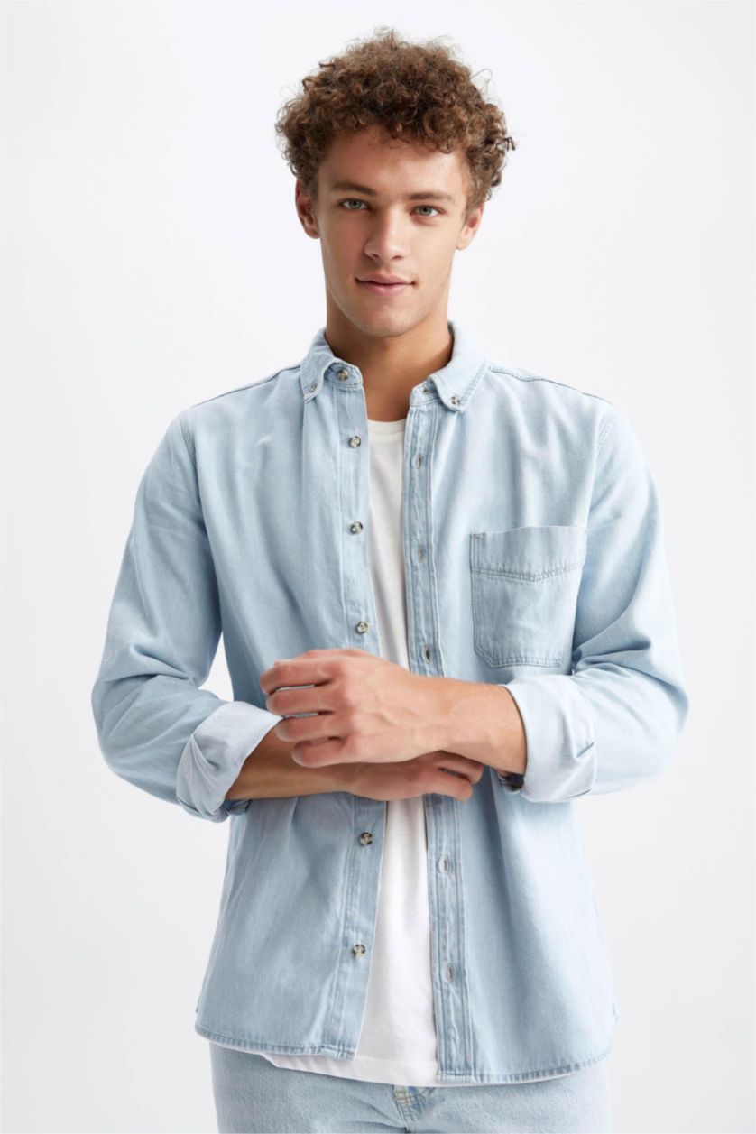 MAN Light Blue Slim Fit Jean Long Sleeve Shirt