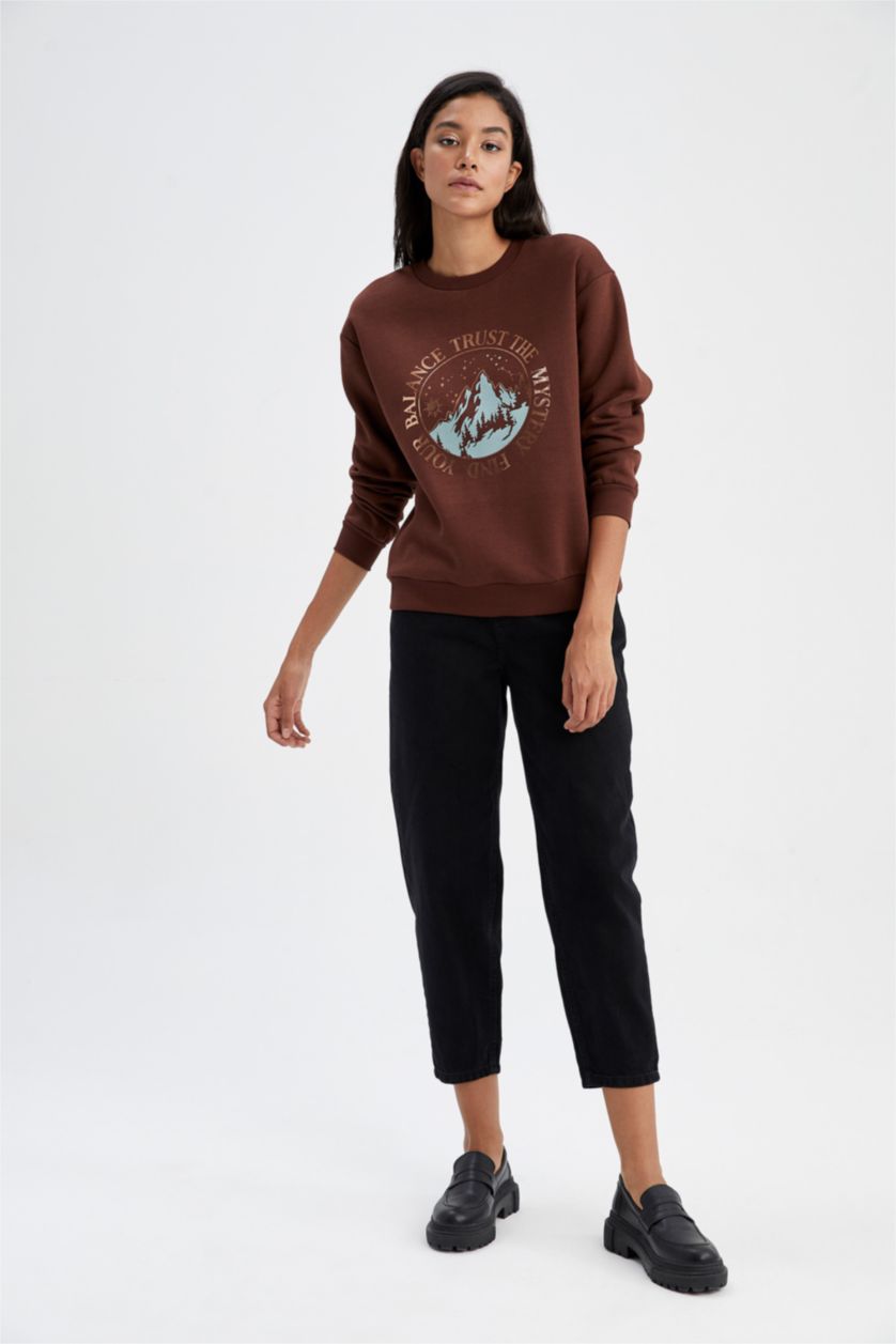 FEMME Marron Sweat-shirt à manches longues en tissu fin imprimé à col rond et coupe décontractée