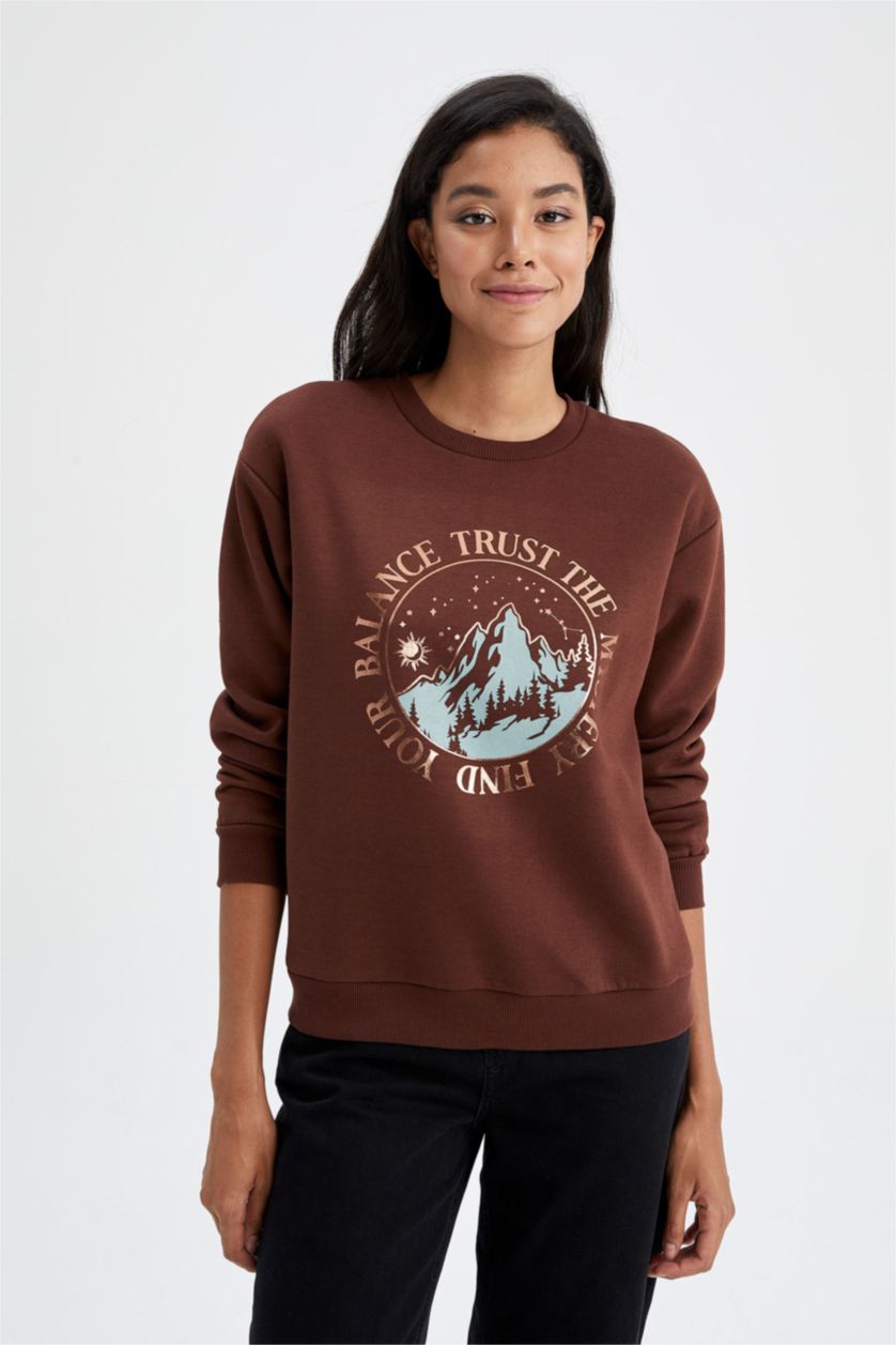 FEMME Marron Sweat-shirt à manches longues en tissu fin imprimé à col rond et coupe décontractée
