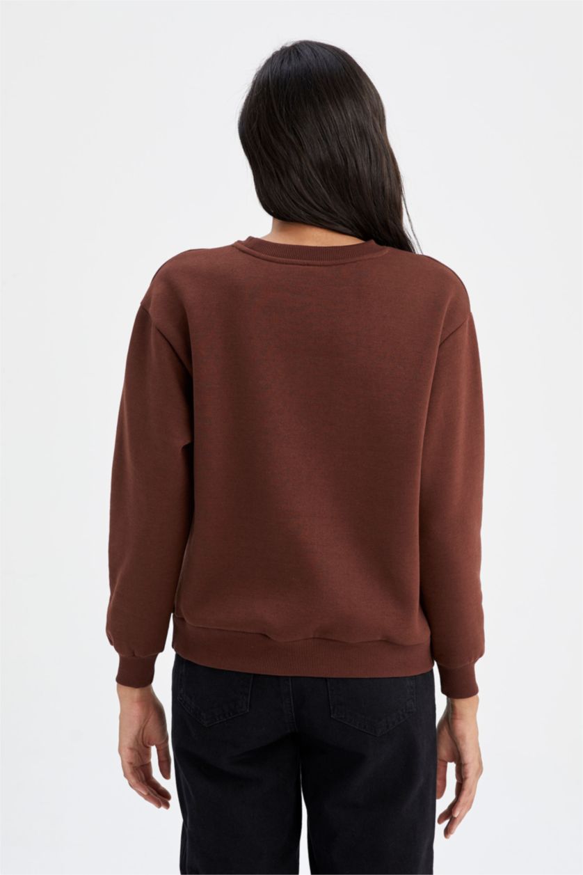 FEMME Marron Sweat-shirt à manches longues en tissu fin imprimé à col rond et coupe décontractée