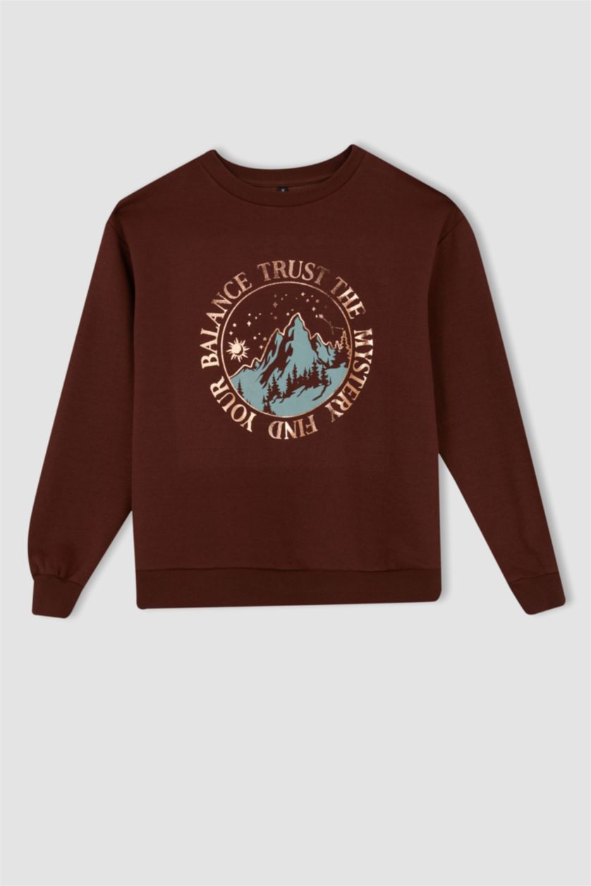 FEMME Marron Sweat-shirt à manches longues en tissu fin imprimé à col rond et coupe décontractée