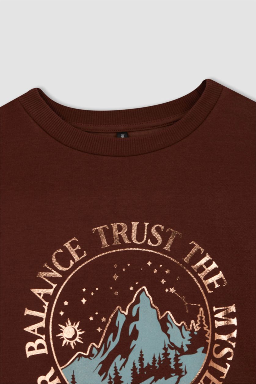 FEMME Marron Sweat-shirt à manches longues en tissu fin imprimé à col rond et coupe décontractée