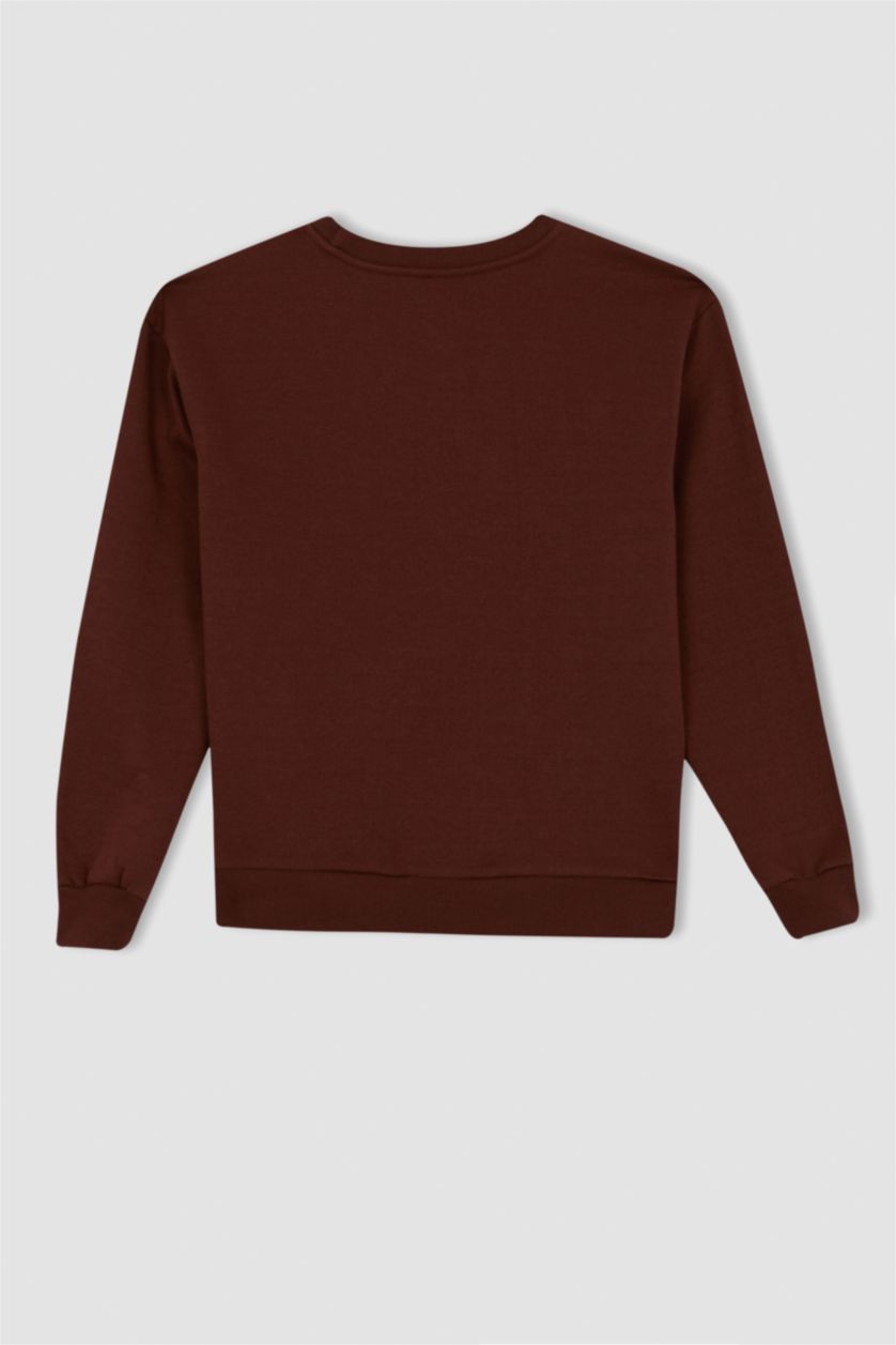 FEMME Marron Sweat-shirt à manches longues en tissu fin imprimé à col rond et coupe décontractée