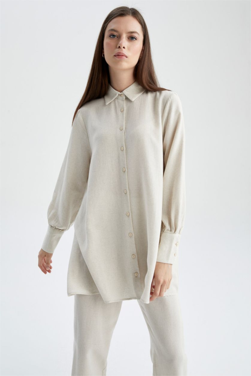 Kadın Bej A Kesim Keten Karışımlı Uzun Kollu Tunik