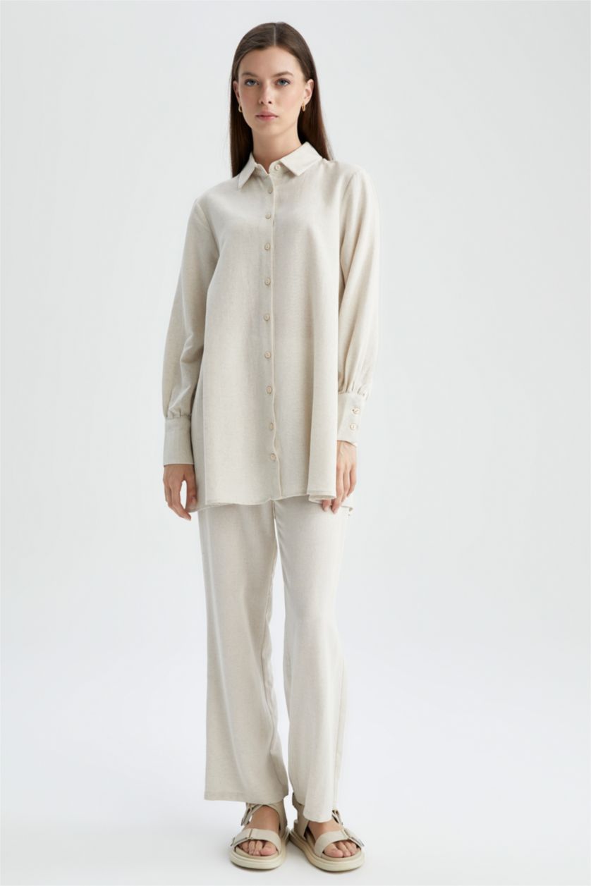 Kadın Bej A Kesim Keten Karışımlı Uzun Kollu Tunik