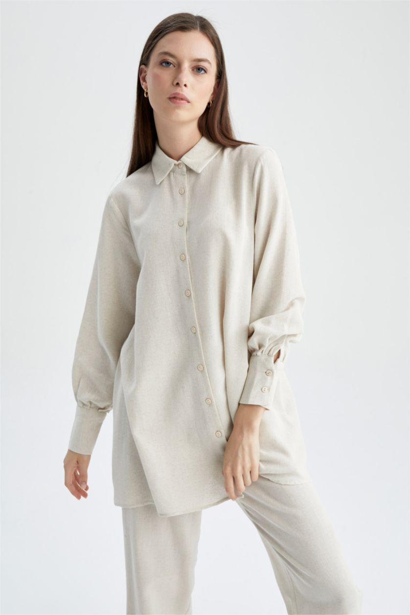 Kadın Bej A Kesim Keten Karışımlı Uzun Kollu Tunik