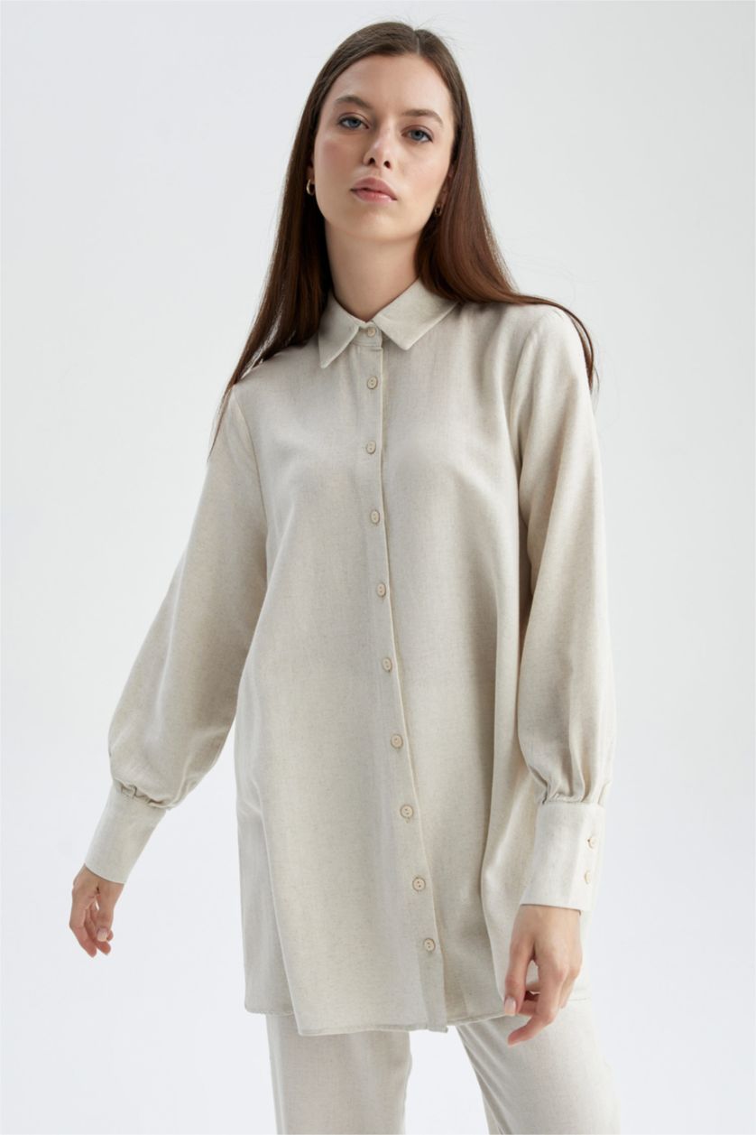 Kadın Bej A Kesim Keten Karışımlı Uzun Kollu Tunik