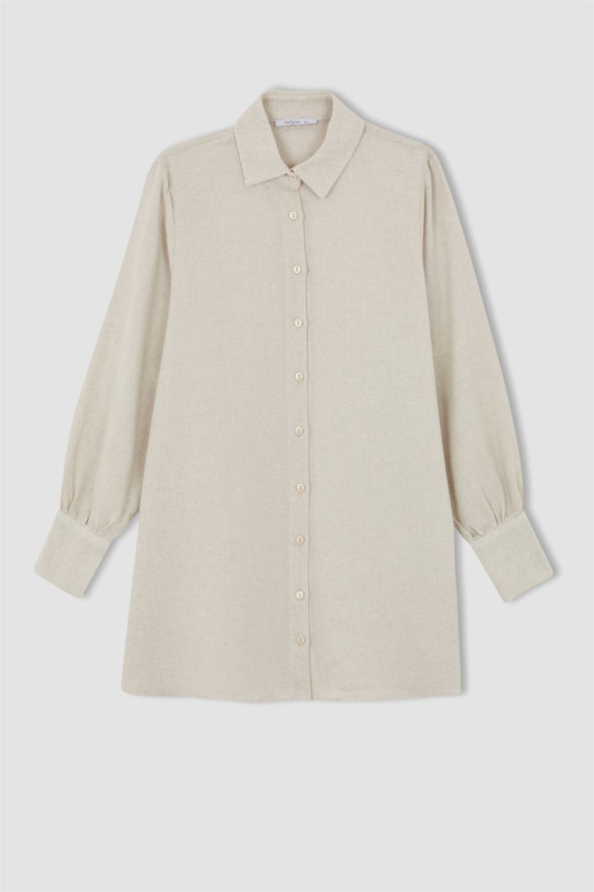 Kadın Bej A Kesim Keten Karışımlı Uzun Kollu Tunik