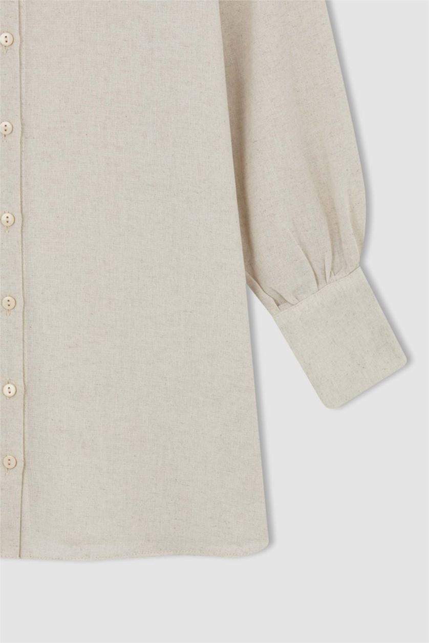 Kadın Bej A Kesim Keten Karışımlı Uzun Kollu Tunik