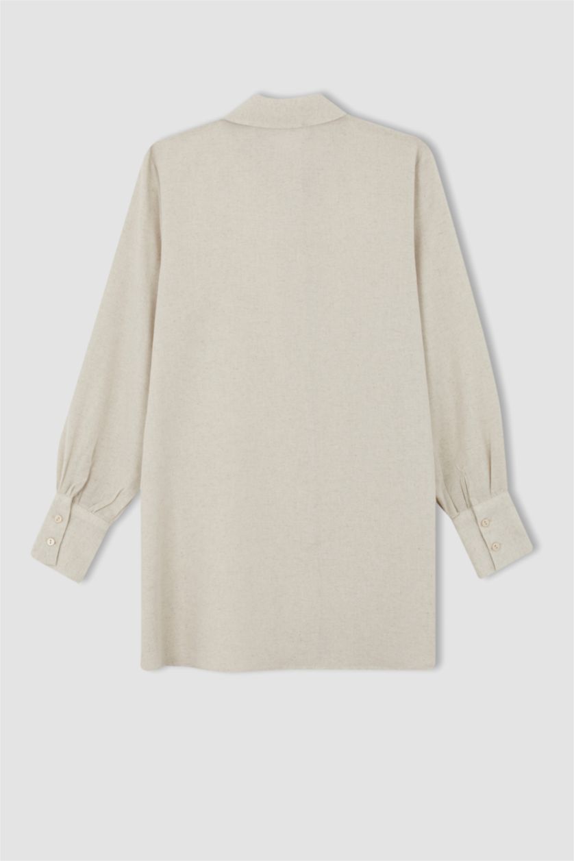 Kadın Bej A Kesim Keten Karışımlı Uzun Kollu Tunik