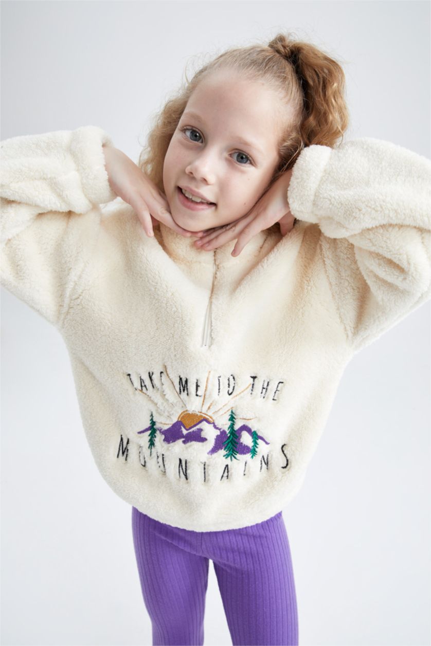 بنات بيج سويت شيرت قصة عادية بياقة عالية بنصف سحاب ببطانة ناعمة