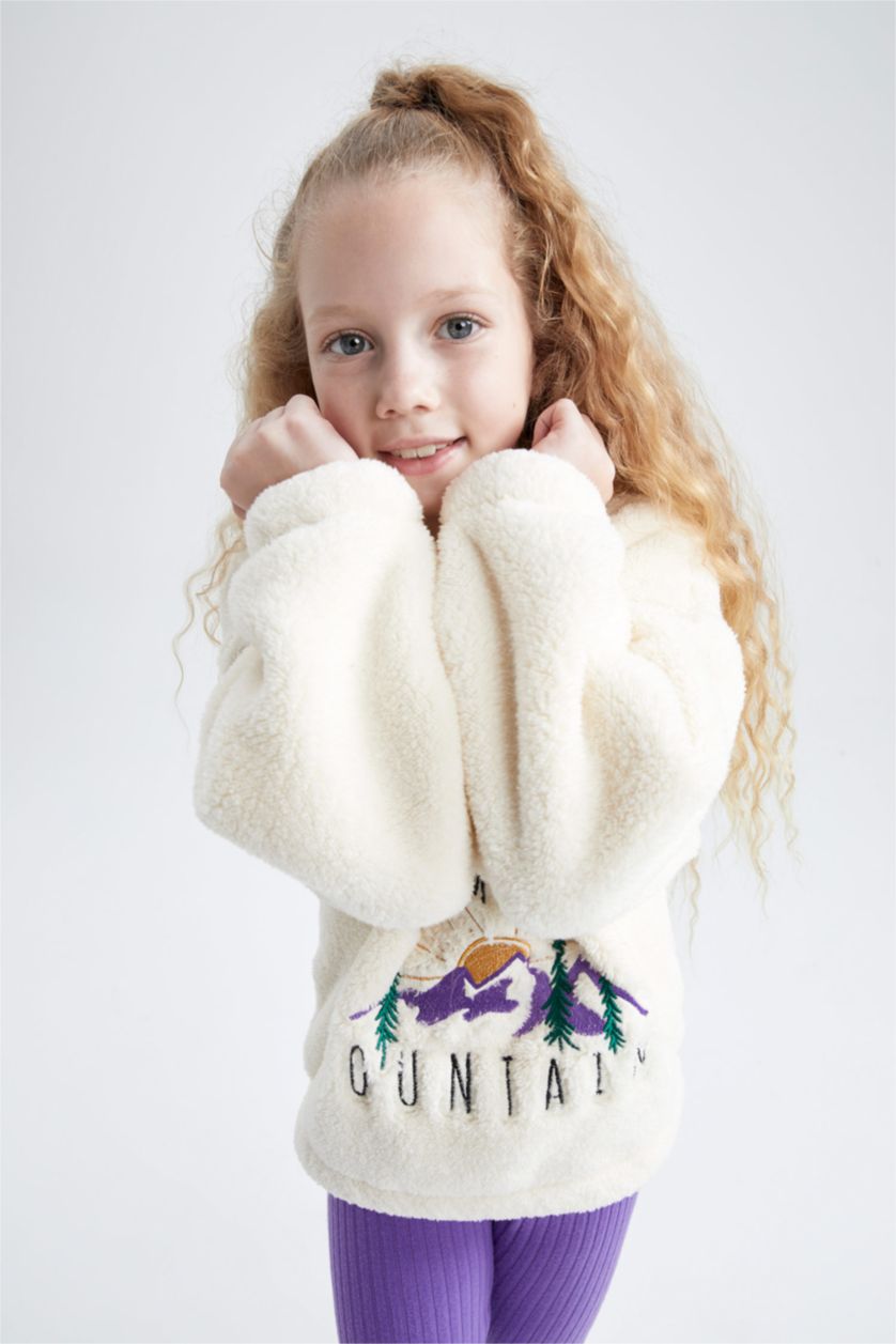 بنات بيج سويت شيرت قصة عادية بياقة عالية بنصف سحاب ببطانة ناعمة