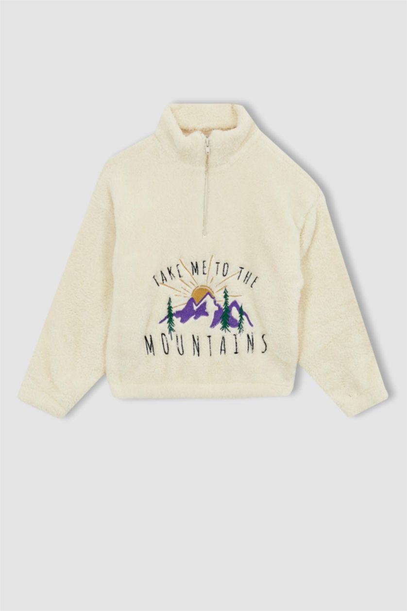 بنات بيج سويت شيرت قصة عادية بياقة عالية بنصف سحاب ببطانة ناعمة