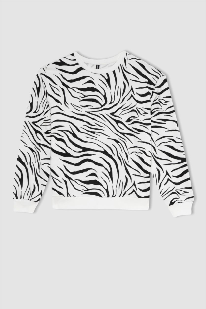 FEMME Écru Sweat-shirt fin à motif animalier à manches longues et à col ras du cou coupe régulière