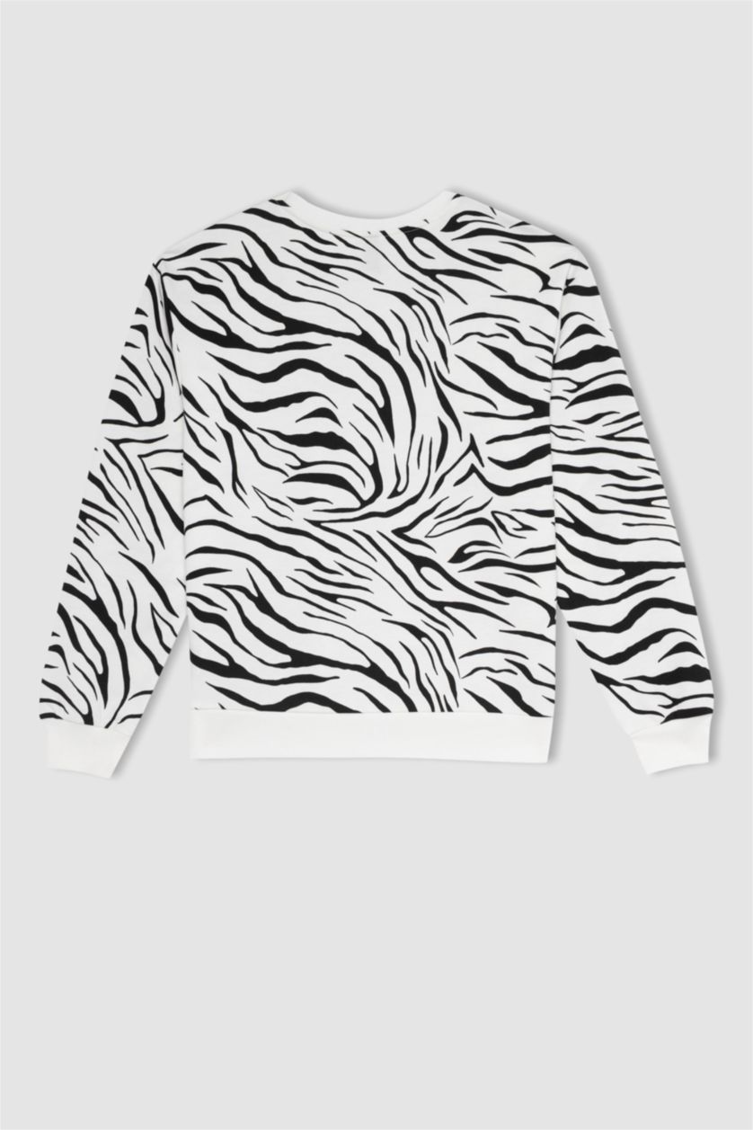 FEMME Écru Sweat-shirt fin à motif animalier à manches longues et à col ras du cou coupe régulière
