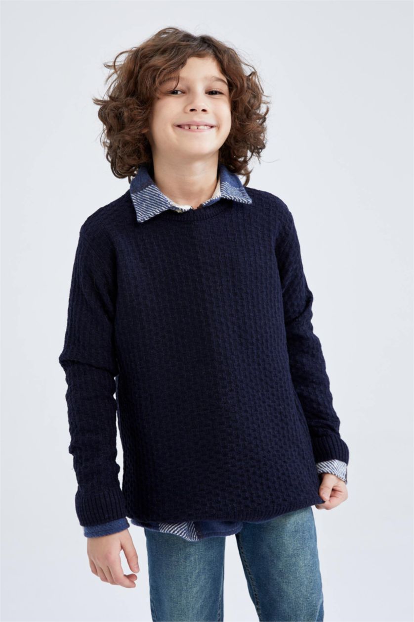 Мальчики и подростки Синий Свитер стандартного кроя с круглым вырезом для мальчиков