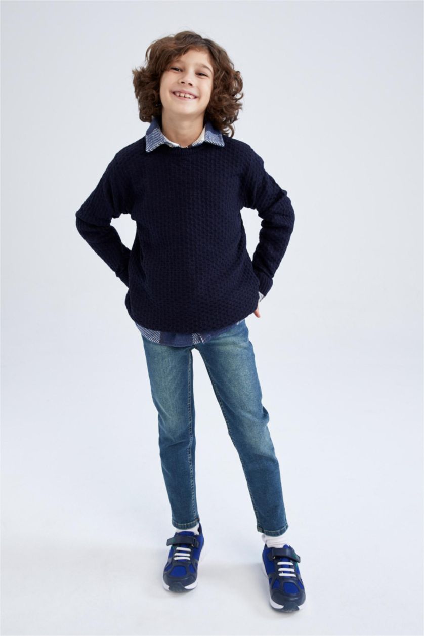 Мальчики и подростки Синий Свитер стандартного кроя с круглым вырезом для мальчиков