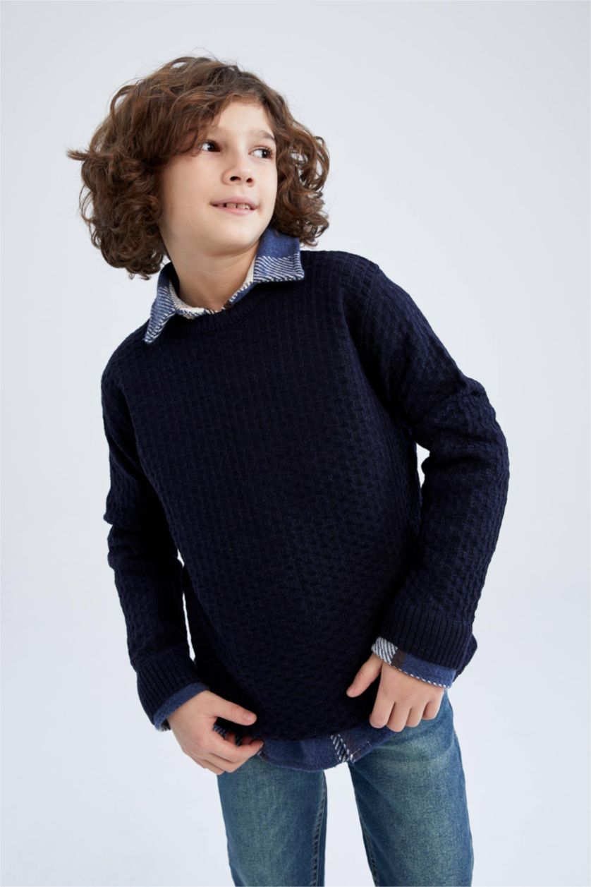 Мальчики и подростки Синий Свитер стандартного кроя с круглым вырезом для мальчиков