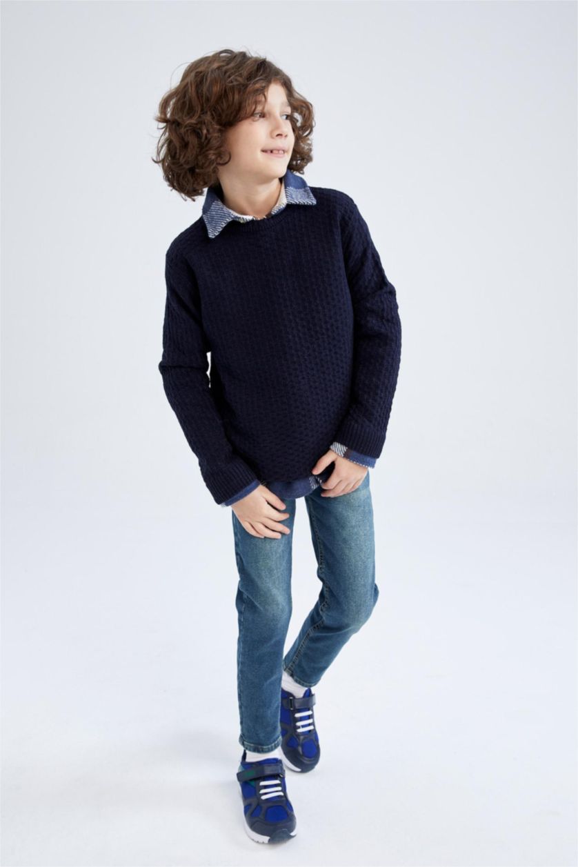 Мальчики и подростки Синий Свитер стандартного кроя с круглым вырезом для мальчиков