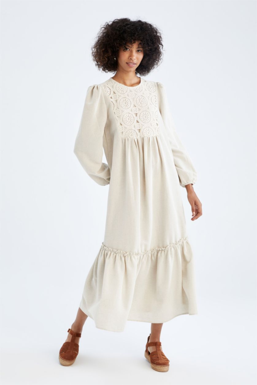 نساء اللون الرملي Linen Blended Maxi Dress