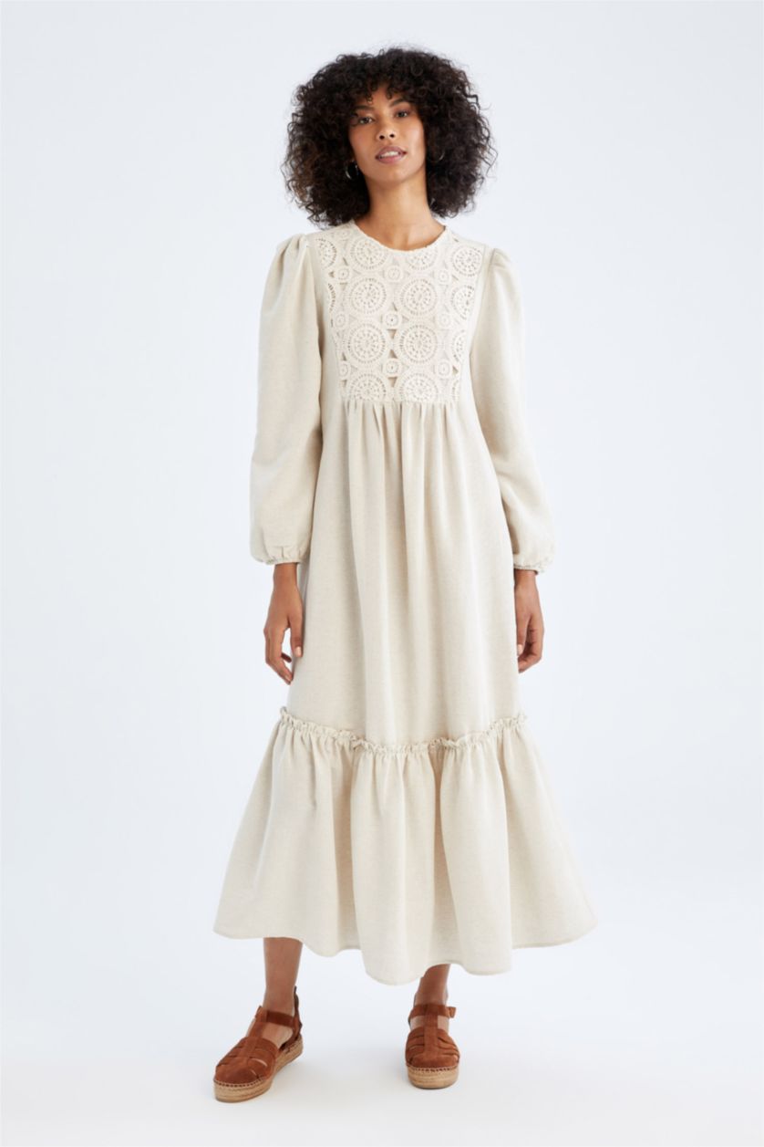 نساء اللون الرملي Linen Blended Maxi Dress