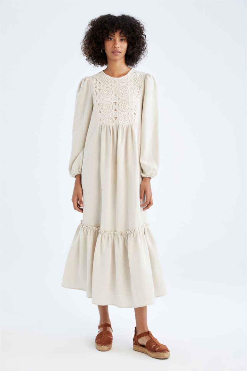نساء اللون الرملي Linen Blended Maxi Dress