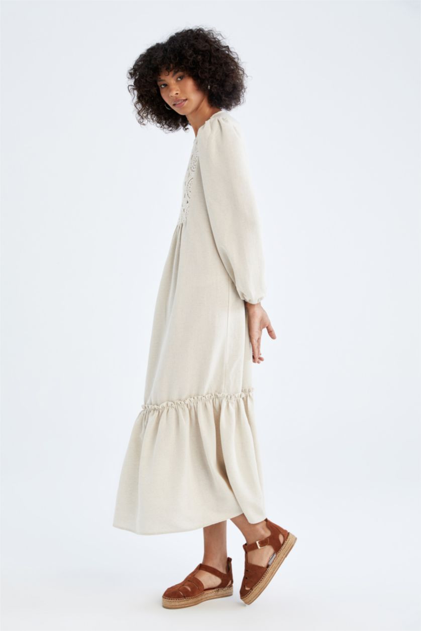 نساء اللون الرملي Linen Blended Maxi Dress