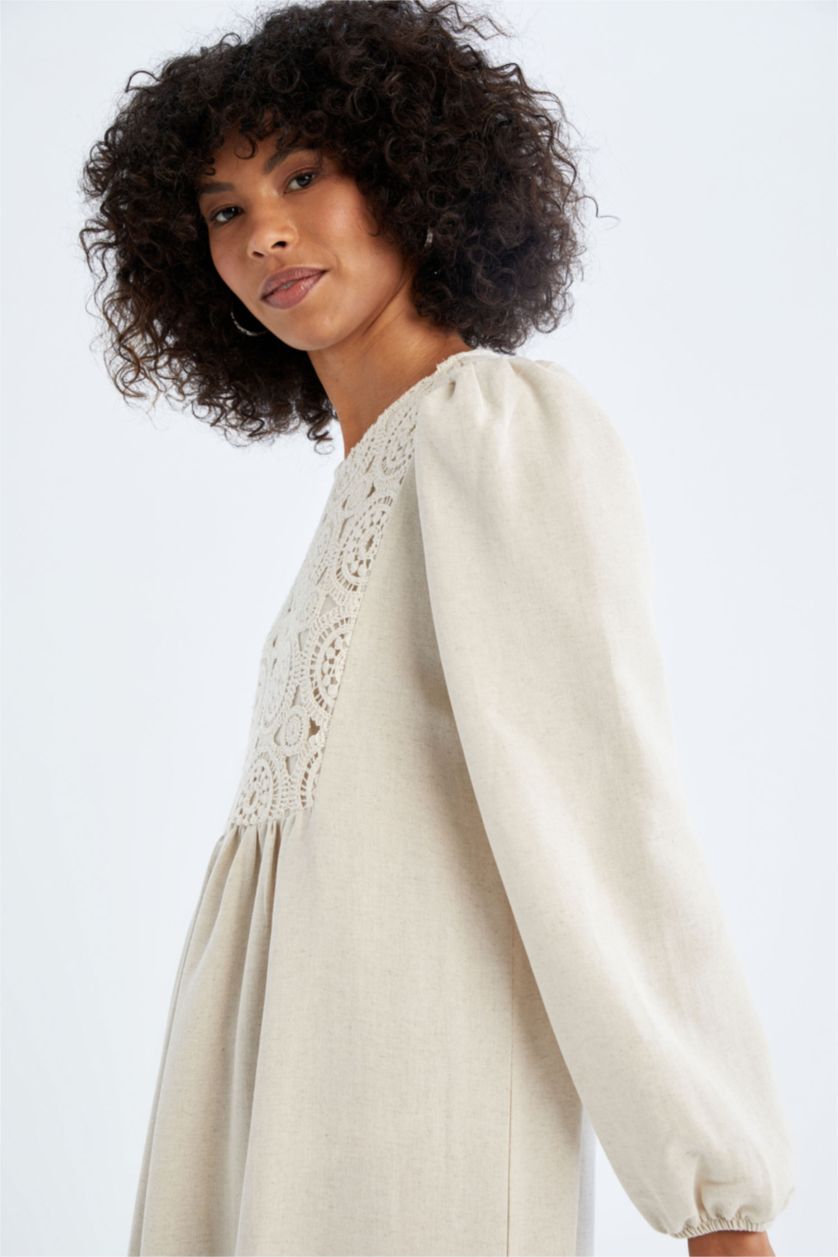 نساء اللون الرملي Linen Blended Maxi Dress