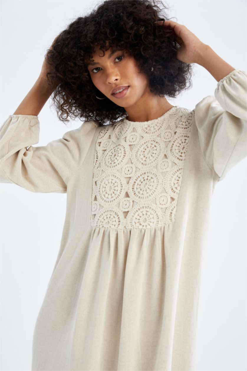 نساء اللون الرملي Linen Blended Maxi Dress