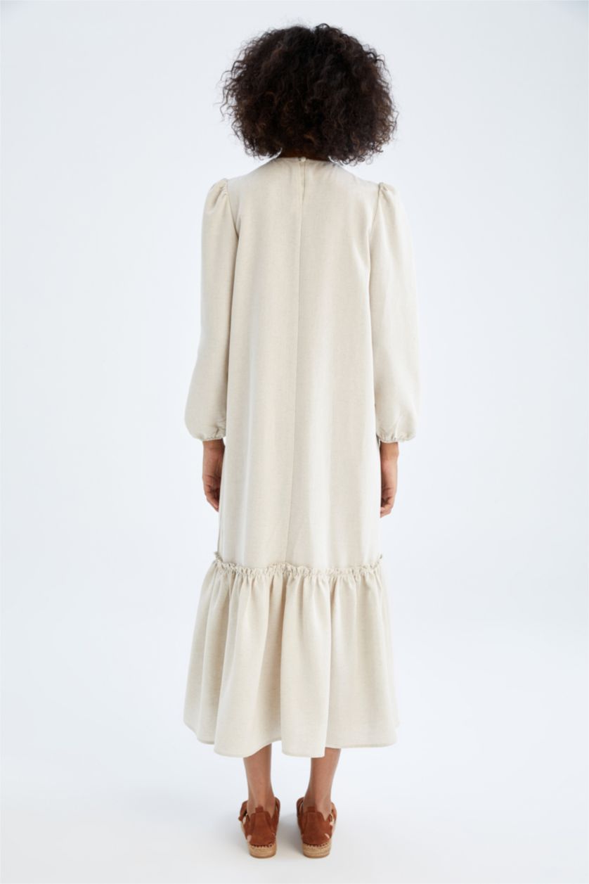 نساء اللون الرملي Linen Blended Maxi Dress